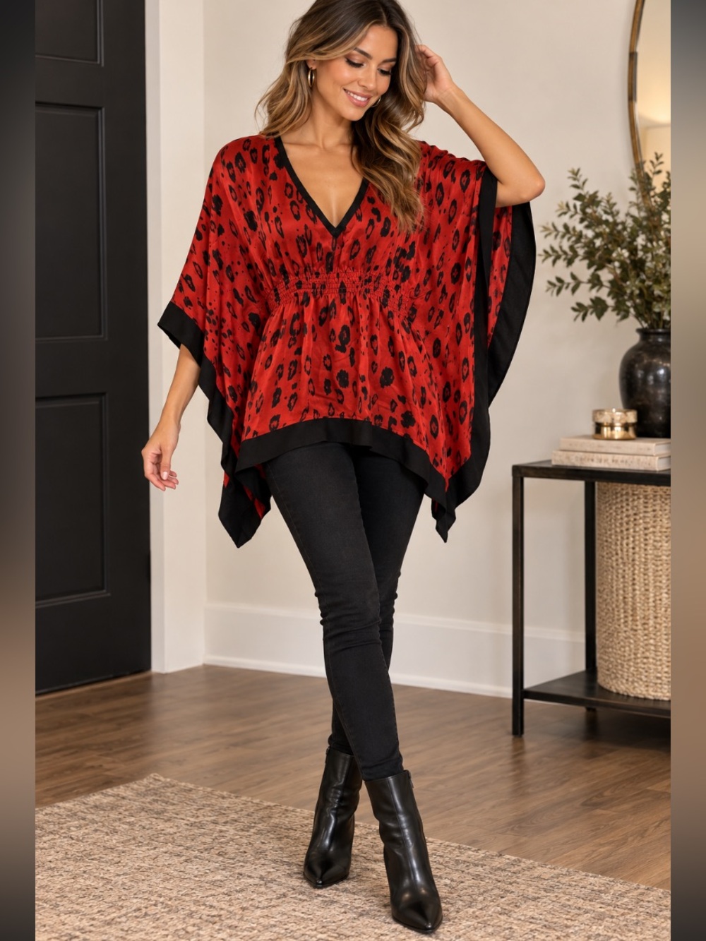 bebe Red Black Animal Print Lace Up V Back Poncho Blouse Top M